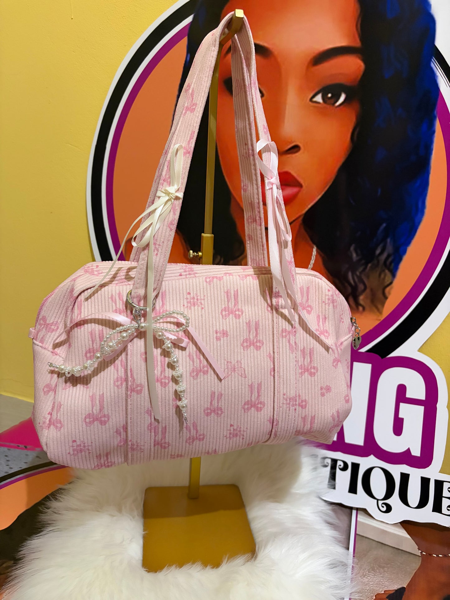 Baby pink mini duffle with bows