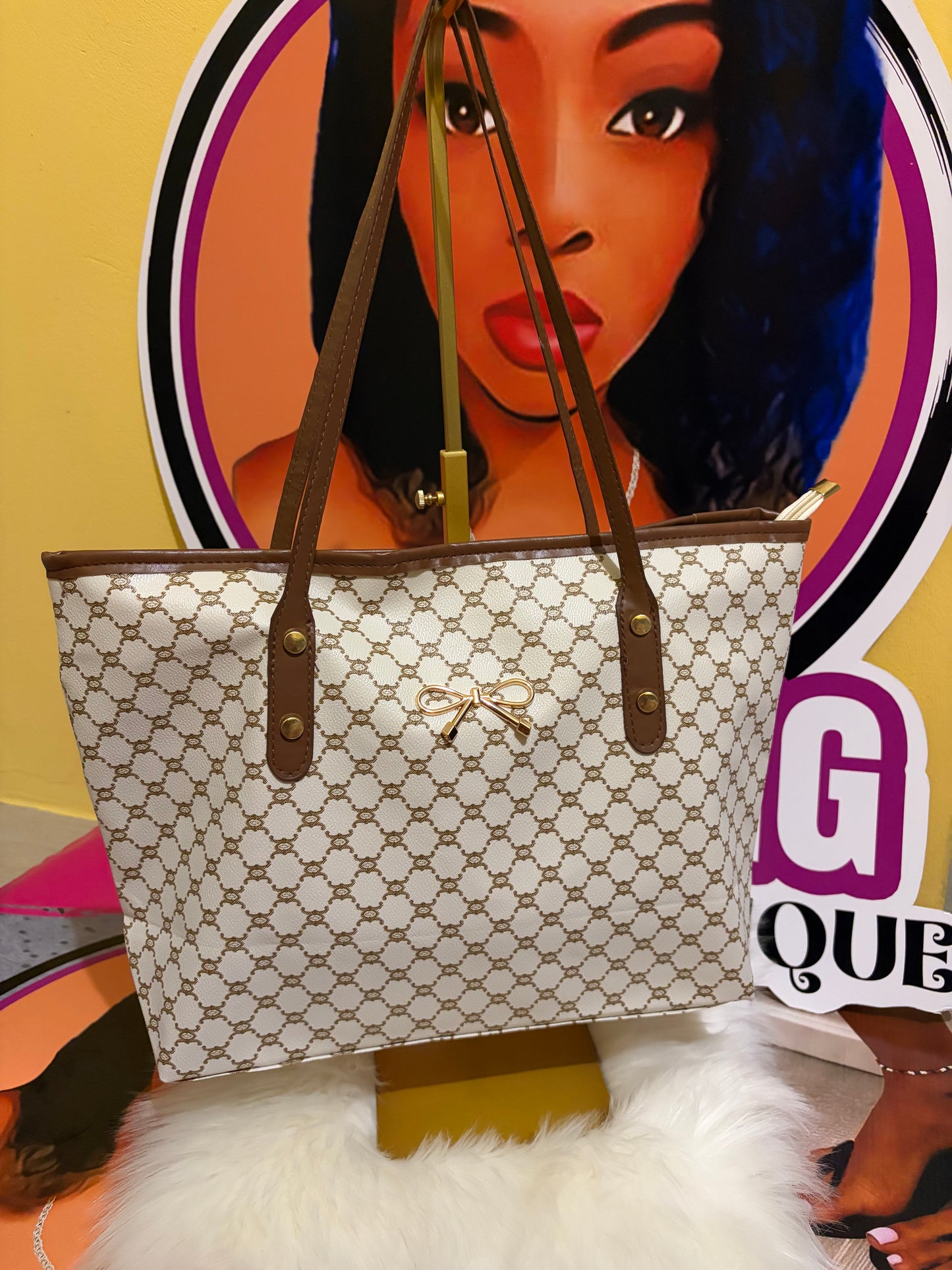 Cream and brown tote bag
