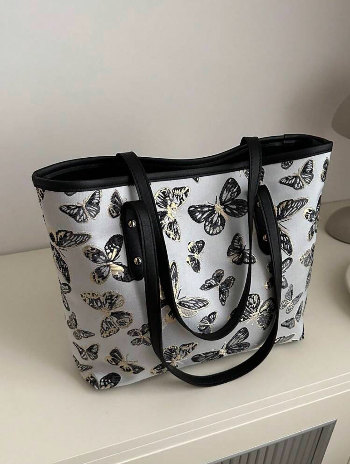 Black and white butterfly tote bag