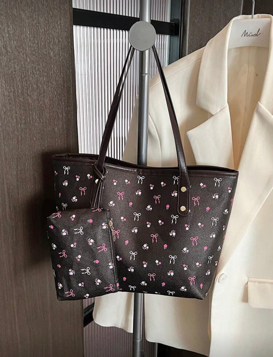 Black two piece tote with pink bow 🎀
