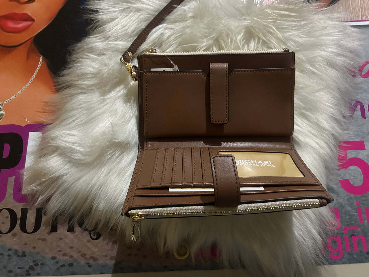 Michael Kors white and brown wristlet
