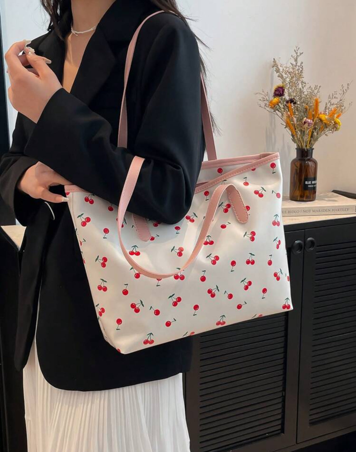 White and pink cherry tote bag 🍒