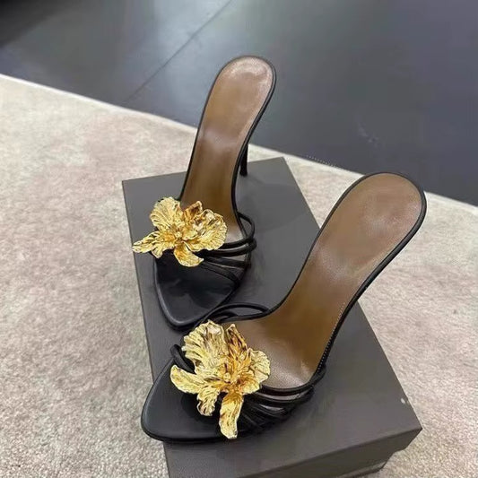 Black with gold flower heels