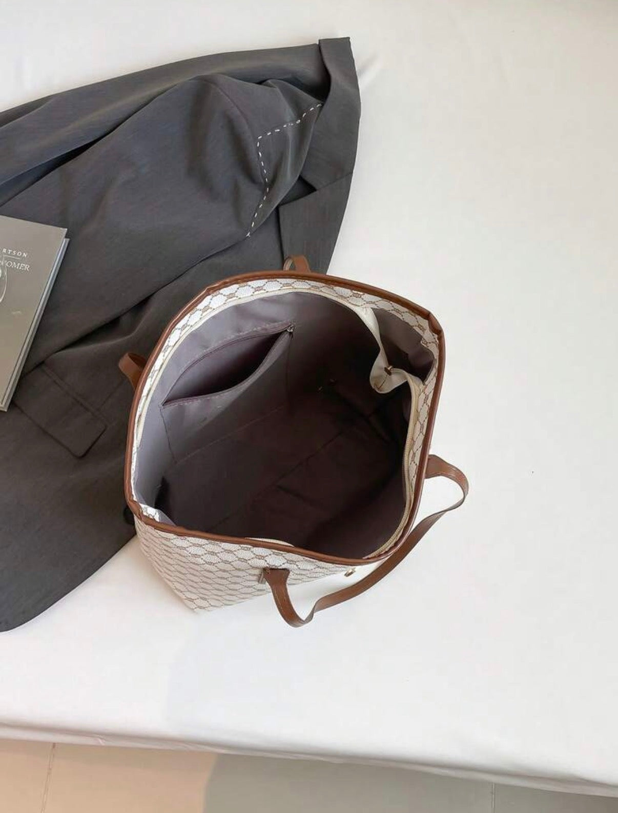 Cream and brown tote bag