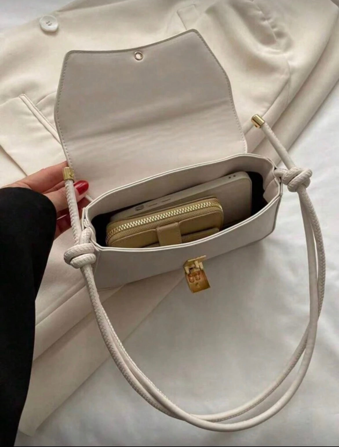 Mini cream baguette bag with gold detailing
