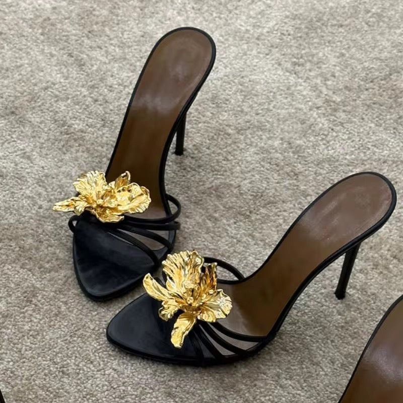 Black with gold flower heels