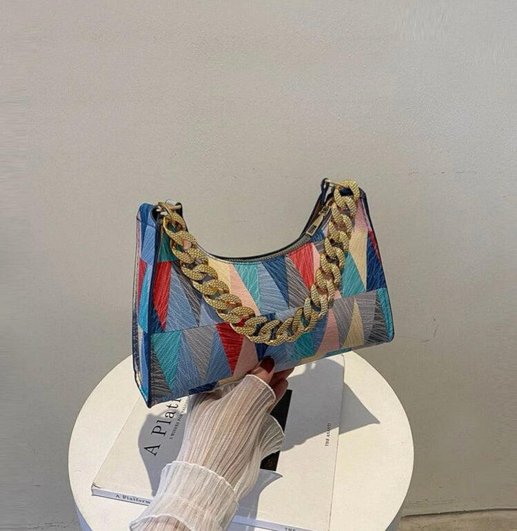 Multi colored baguette bag with chain strap