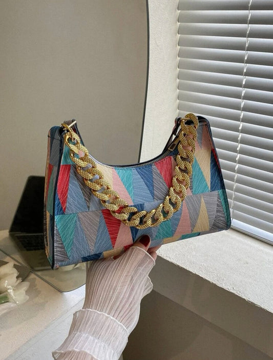 Multi colored baguette bag with chain strap